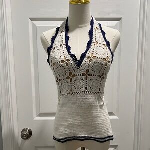 Moda International White and Navy Crochet Halter Top